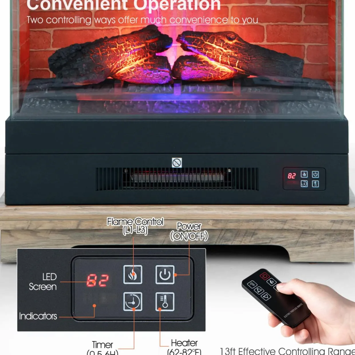 Tangkula 27 Inch Freestanding Fireplace, 1400W Electric Fireplace Heater w/3-Level Vivid Flame & Thermostat Control