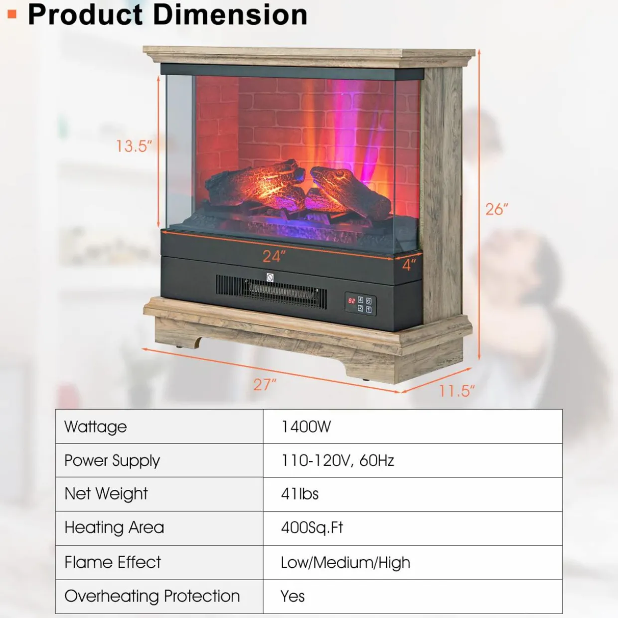 Tangkula 27 Inch Freestanding Fireplace, 1400W Electric Fireplace Heater w/3-Level Vivid Flame & Thermostat Control