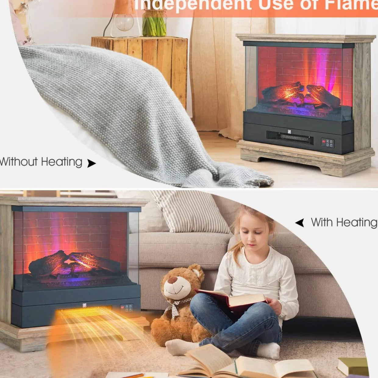 Tangkula 27 Inch Freestanding Fireplace, 1400W Electric Fireplace Heater w/3-Level Vivid Flame & Thermostat Control