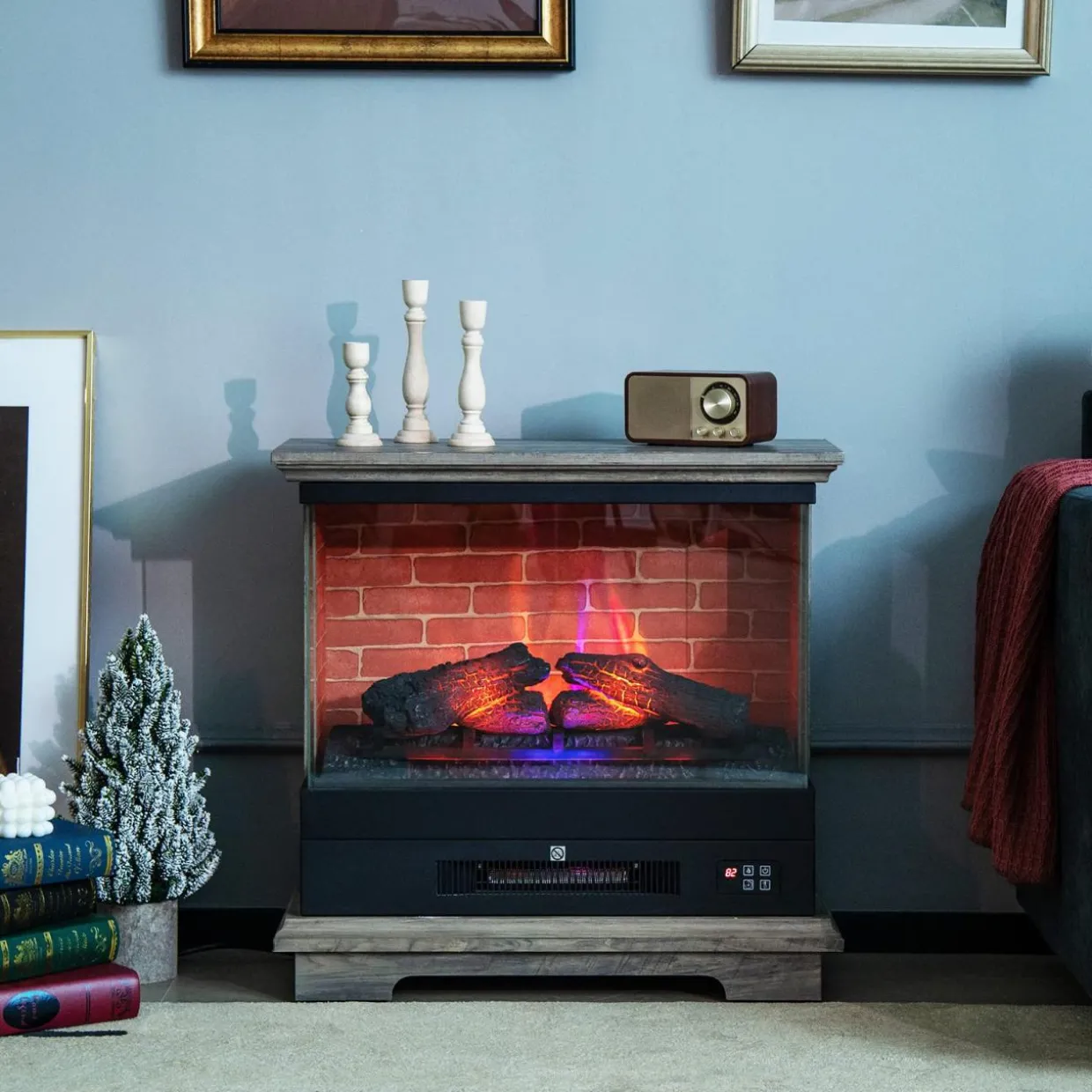 Tangkula 27 Inch Freestanding Fireplace, 1400W Electric Fireplace Heater w/3-Level Vivid Flame & Thermostat Control
