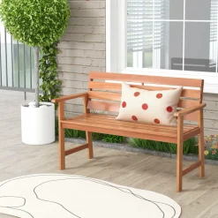 Tangkula 48 Inch Hardwood Patio Bench, Wood 2-Seat Chair with Breathable Slatted Seat & Inclined Backrest