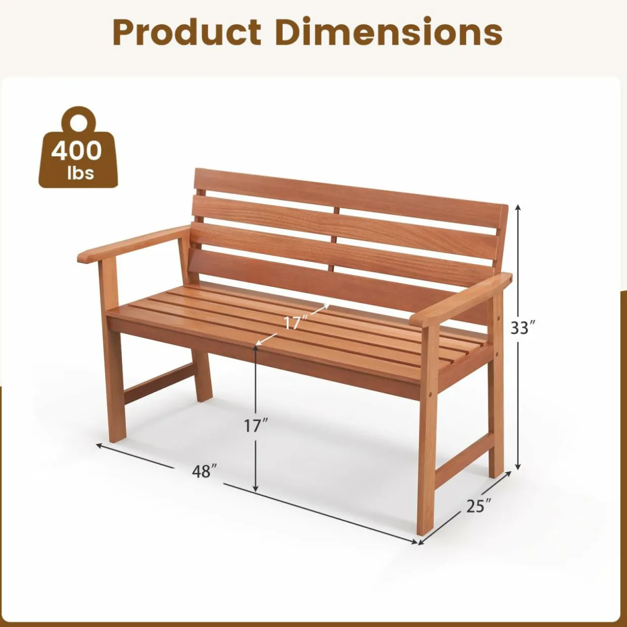 Tangkula 48 Inch Hardwood Patio Bench, Wood 2-Seat Chair with Breathable Slatted Seat & Inclined Backrest