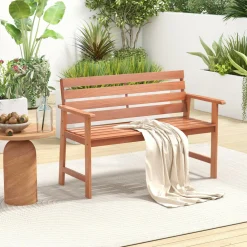 Tangkula 48 Inch Hardwood Patio Bench, Wood 2-Seat Chair with Breathable Slatted Seat & Inclined Backrest