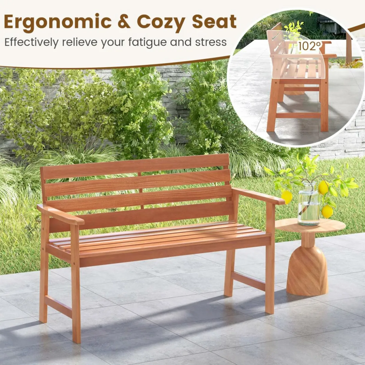 Tangkula 48 Inch Hardwood Patio Bench, Wood 2-Seat Chair with Breathable Slatted Seat & Inclined Backrest