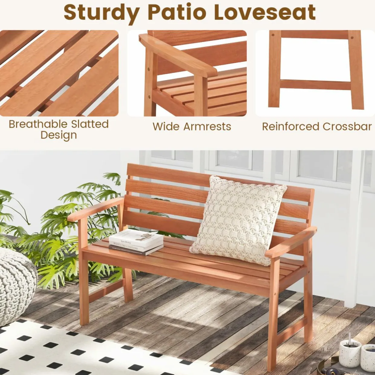 Tangkula 48 Inch Hardwood Patio Bench, Wood 2-Seat Chair with Breathable Slatted Seat & Inclined Backrest