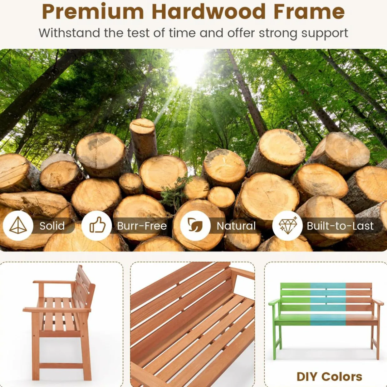 Tangkula 48 Inch Hardwood Patio Bench, Wood 2-Seat Chair with Breathable Slatted Seat & Inclined Backrest