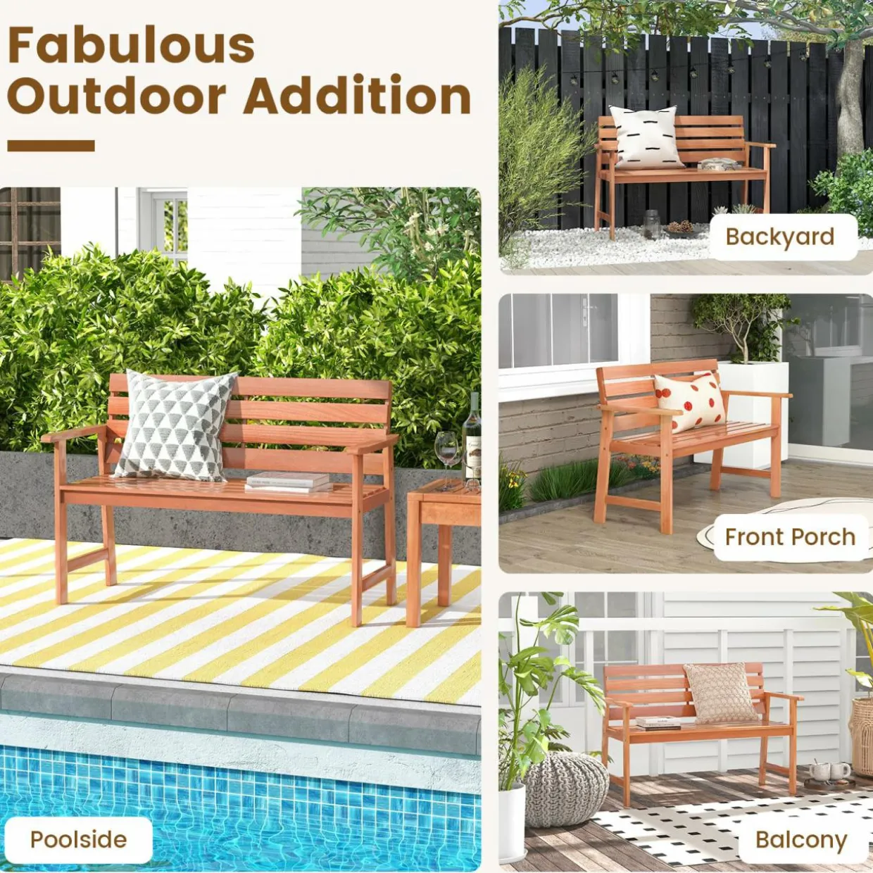 Tangkula 48 Inch Hardwood Patio Bench, Wood 2-Seat Chair with Breathable Slatted Seat & Inclined Backrest