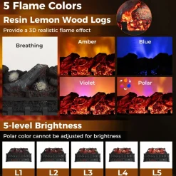 Tangkula 23 Inch Infrared Quartz Electric Fireplace Lemon Wood Log Heater, 8H Timer, Overheat Protection, 1500W