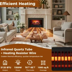 Tangkula 23 Inch Infrared Quartz Electric Fireplace Lemon Wood Log Heater, 8H Timer, Overheat Protection, 1500W