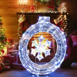Tangkula 33 Inch Lighted Snowflake Wreath, Christmas Wreath w/Hanging Ring & Support Bracket, 128 Cold White LED Bulbs