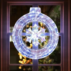 Tangkula 33 Inch Lighted Snowflake Wreath, Christmas Wreath w/Hanging Ring & Support Bracket, 128 Cold White LED Bulbs