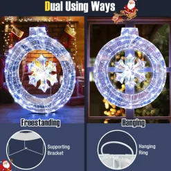 Tangkula 33 Inch Lighted Snowflake Wreath, Christmas Wreath w/Hanging Ring & Support Bracket, 128 Cold White LED Bulbs