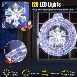 Tangkula 33 Inch Lighted Snowflake Wreath, Christmas Wreath w/Hanging Ring & Support Bracket, 128 Cold White LED Bulbs