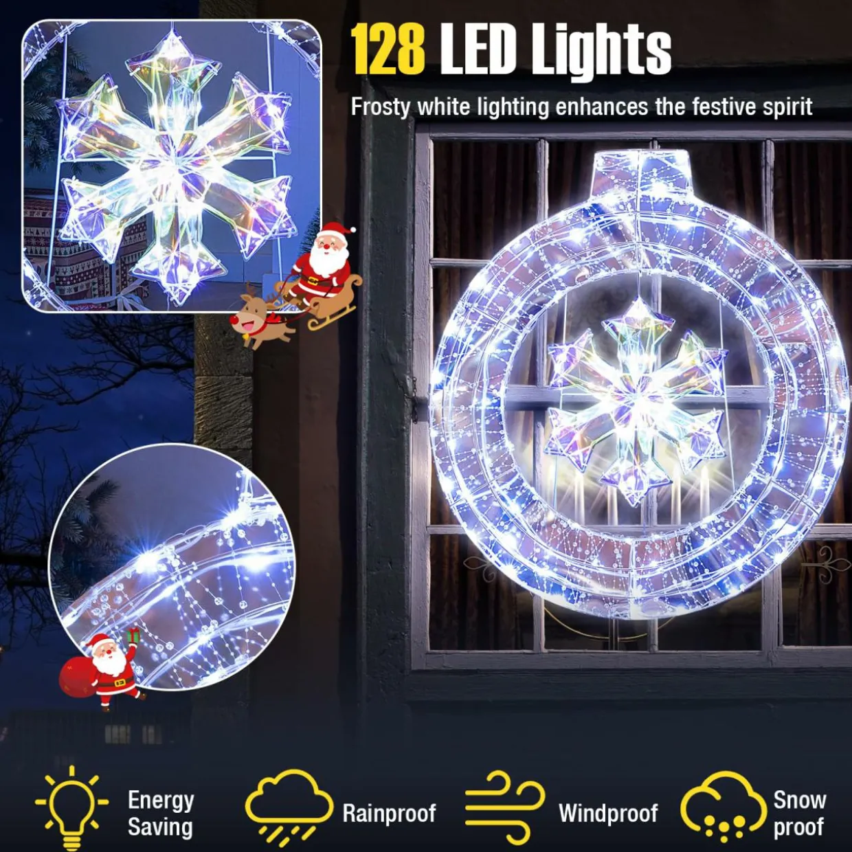 Tangkula 33 Inch Lighted Snowflake Wreath, Christmas Wreath w/Hanging Ring & Support Bracket, 128 Cold White LED Bulbs