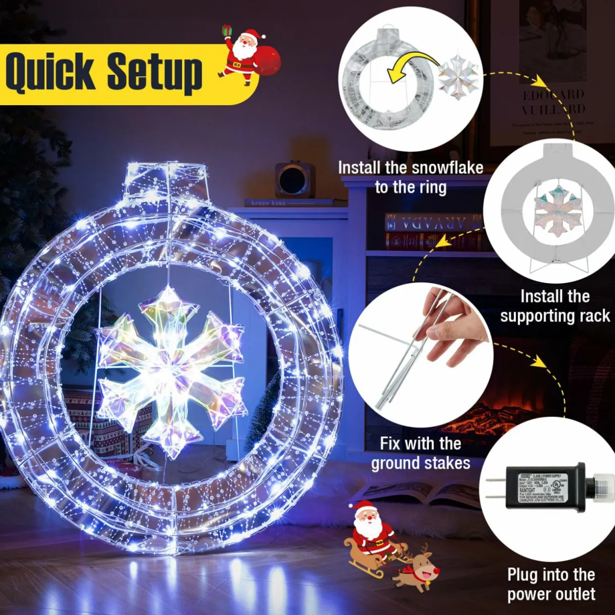 Tangkula 33 Inch Lighted Snowflake Wreath, Christmas Wreath w/Hanging Ring & Support Bracket, 128 Cold White LED Bulbs