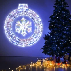 Tangkula 33 Inch Lighted Snowflake Wreath, Christmas Wreath w/Hanging Ring & Support Bracket, 128 Cold White LED Bulbs