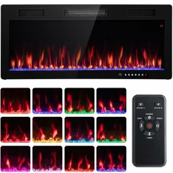 Tangkula 40 Inch Linear Electric Fireplace, Recessed & Wall-Mounted Fireplace Heater with Multi-Color Flame