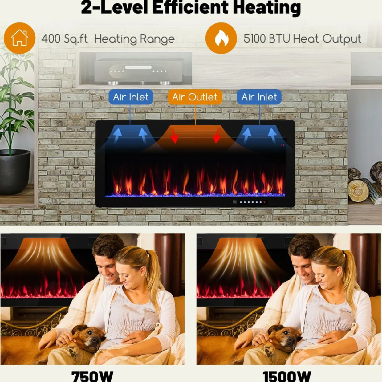 Tangkula 40 Inch Linear Electric Fireplace, Recessed & Wall-Mounted Fireplace Heater with Multi-Color Flame