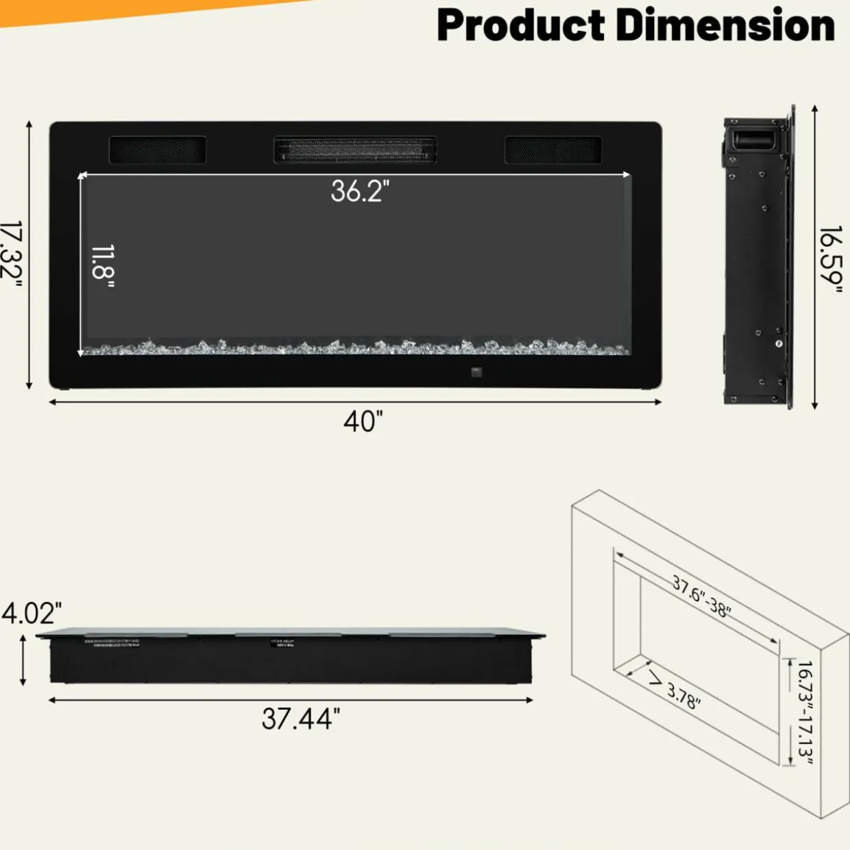 Tangkula 40 Inch Linear Electric Fireplace, Recessed & Wall-Mounted Fireplace Heater with Multi-Color Flame