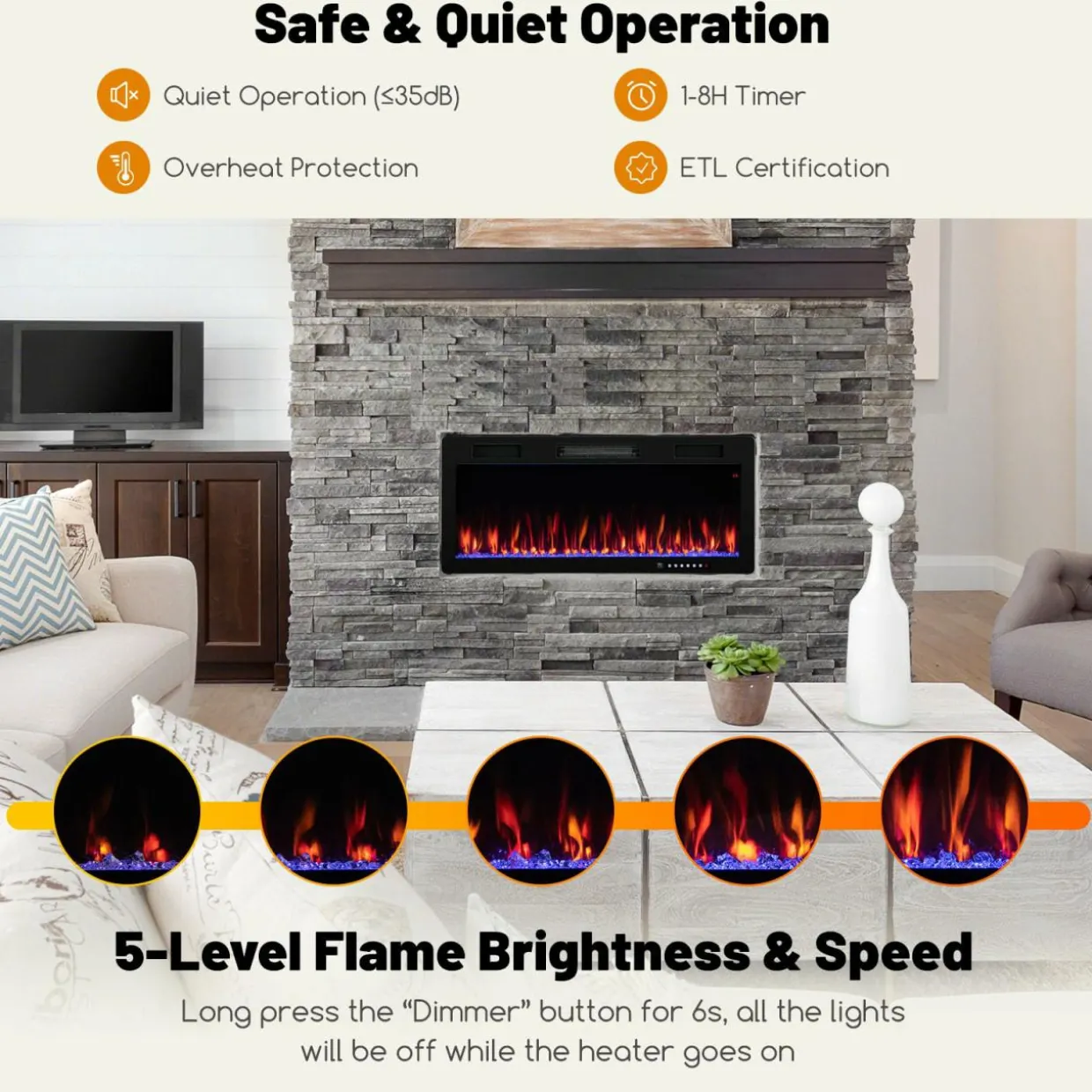 Tangkula 40 Inch Linear Electric Fireplace, Recessed & Wall-Mounted Fireplace Heater with Multi-Color Flame