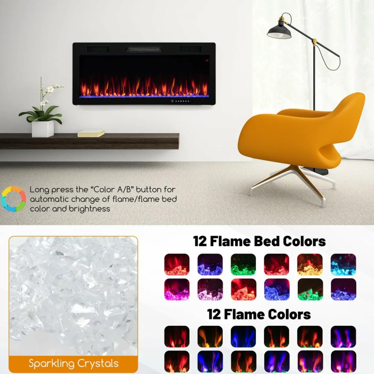 Tangkula 40 Inch Linear Electric Fireplace, Recessed & Wall-Mounted Fireplace Heater with Multi-Color Flame