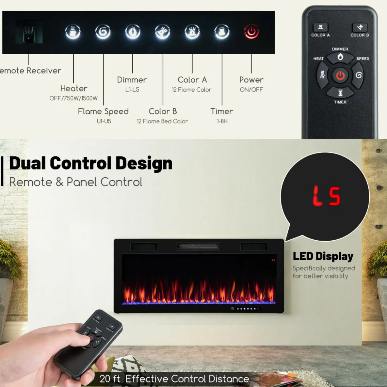 Tangkula 40 Inch Linear Electric Fireplace, Recessed & Wall-Mounted Fireplace Heater with Multi-Color Flame