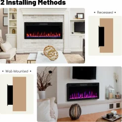 Tangkula 40 Inch Linear Electric Fireplace, Recessed & Wall-Mounted Fireplace Heater with Multi-Color Flame