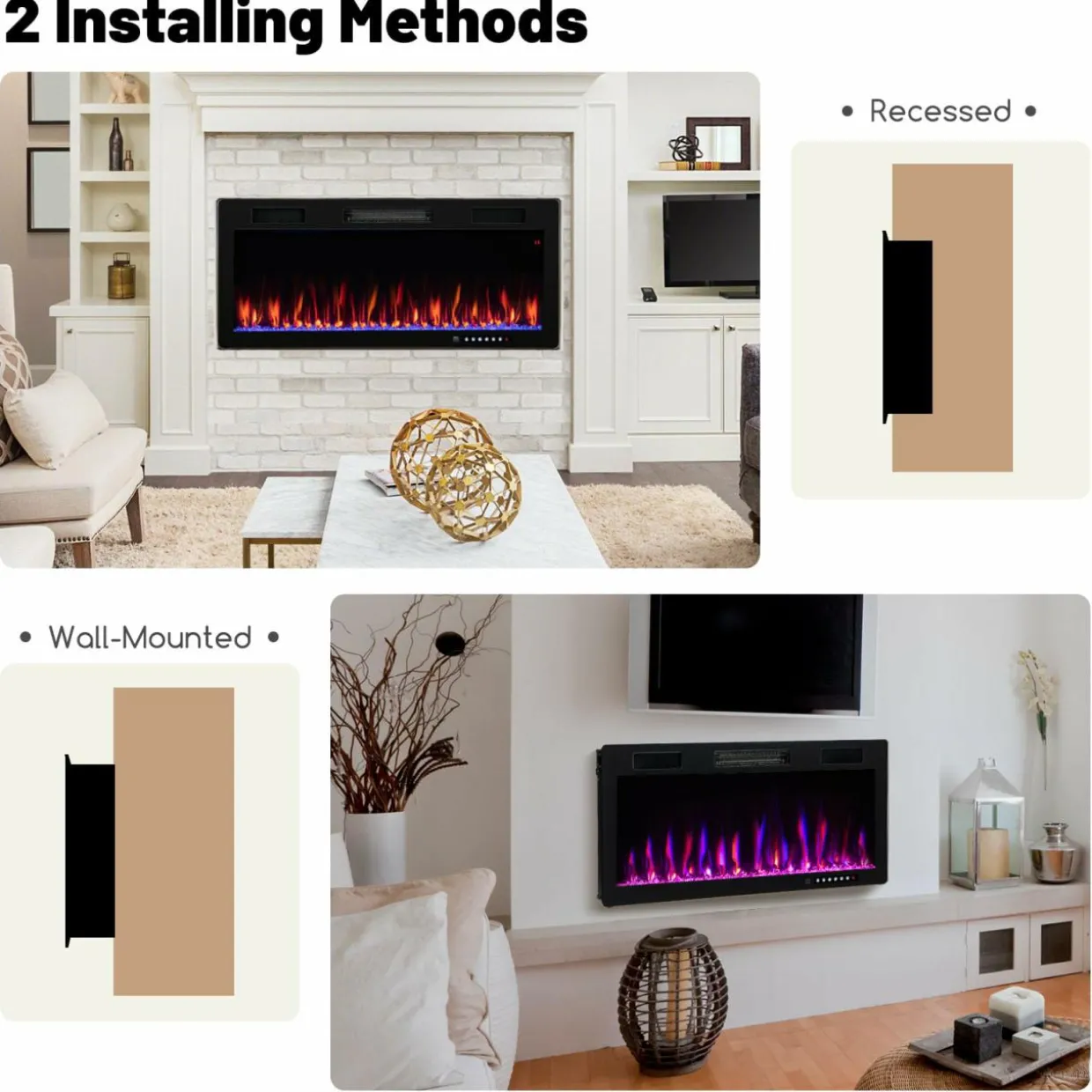 Tangkula 40 Inch Linear Electric Fireplace, Recessed & Wall-Mounted Fireplace Heater with Multi-Color Flame