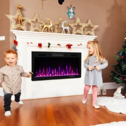 Tangkula 40 Inch Linear Electric Fireplace, Recessed & Wall-Mounted Fireplace Heater with Multi-Color Flame