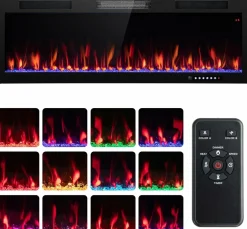 Tangkula 40 Inch Linear Electric Fireplace, Recessed & Wall-Mounted Fireplace Heater with Multi-Color Flame