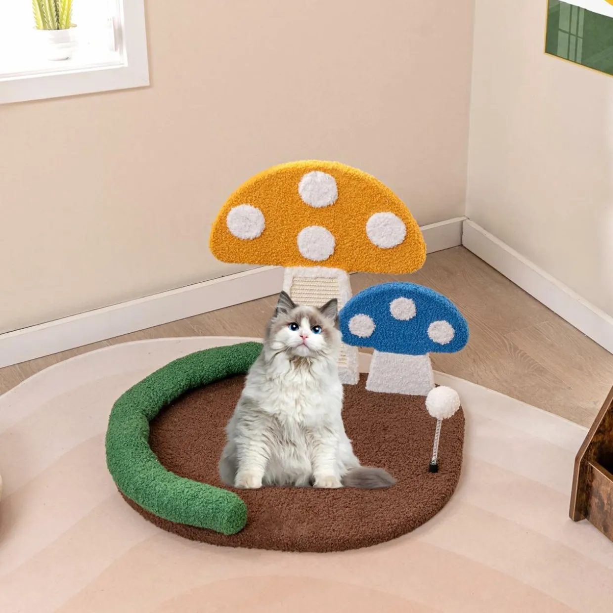 Tangkula 17 Inch Mushroom Cat Bed, Cat Claw Scratcher with Wide Large Platform, Sisal Scratching Panel