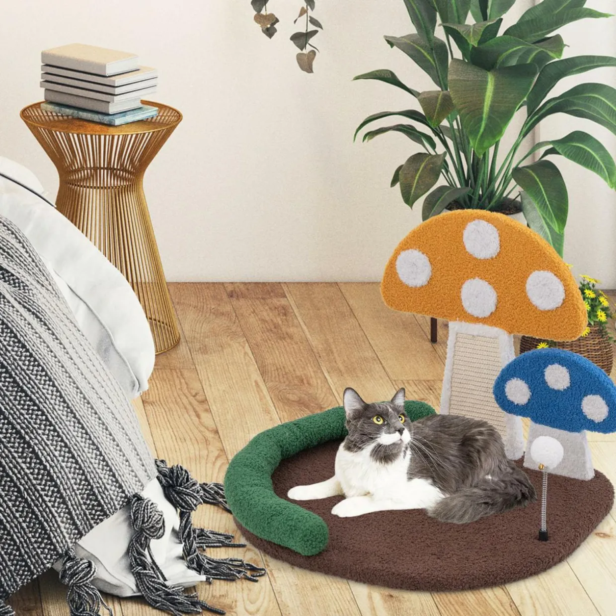 Tangkula 17 Inch Mushroom Cat Bed, Cat Claw Scratcher with Wide Large Platform, Sisal Scratching Panel