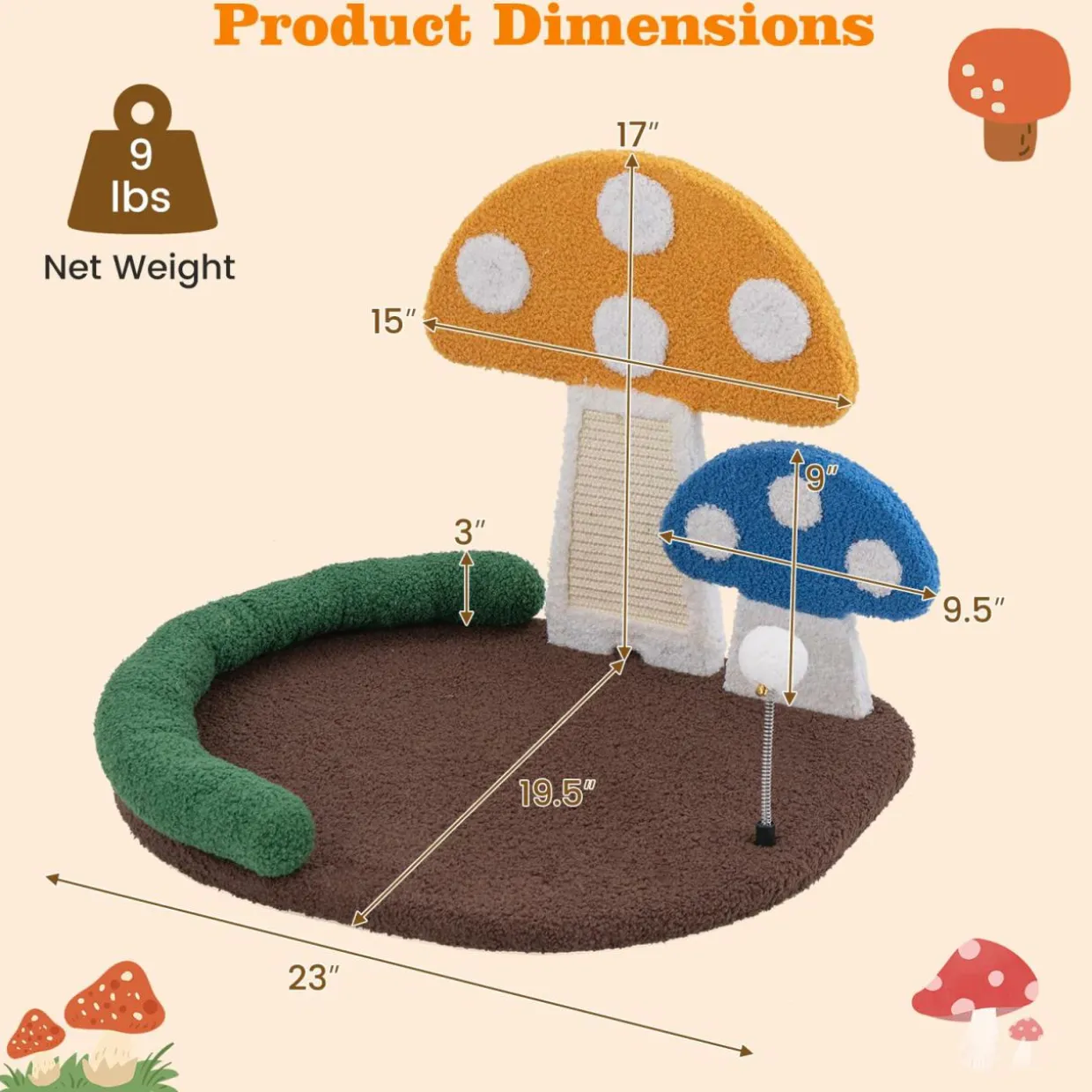 Tangkula 17 Inch Mushroom Cat Bed, Cat Claw Scratcher with Wide Large Platform, Sisal Scratching Panel