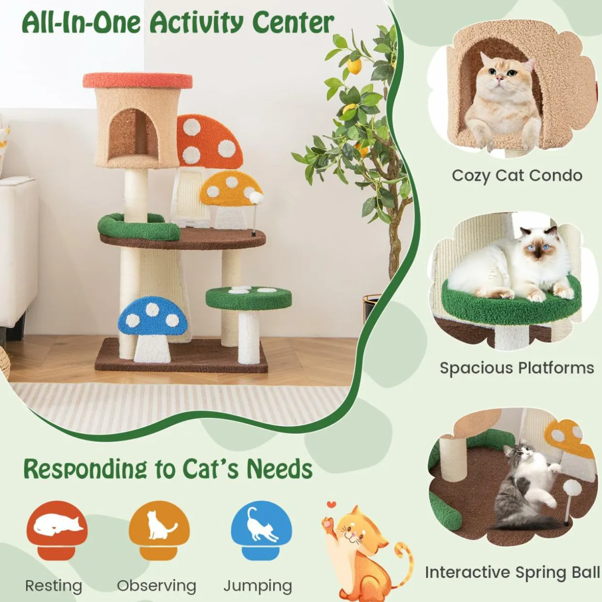 Tangkula 40.5 Inch Mushroom Cat Tree, Cute Cat Tower
