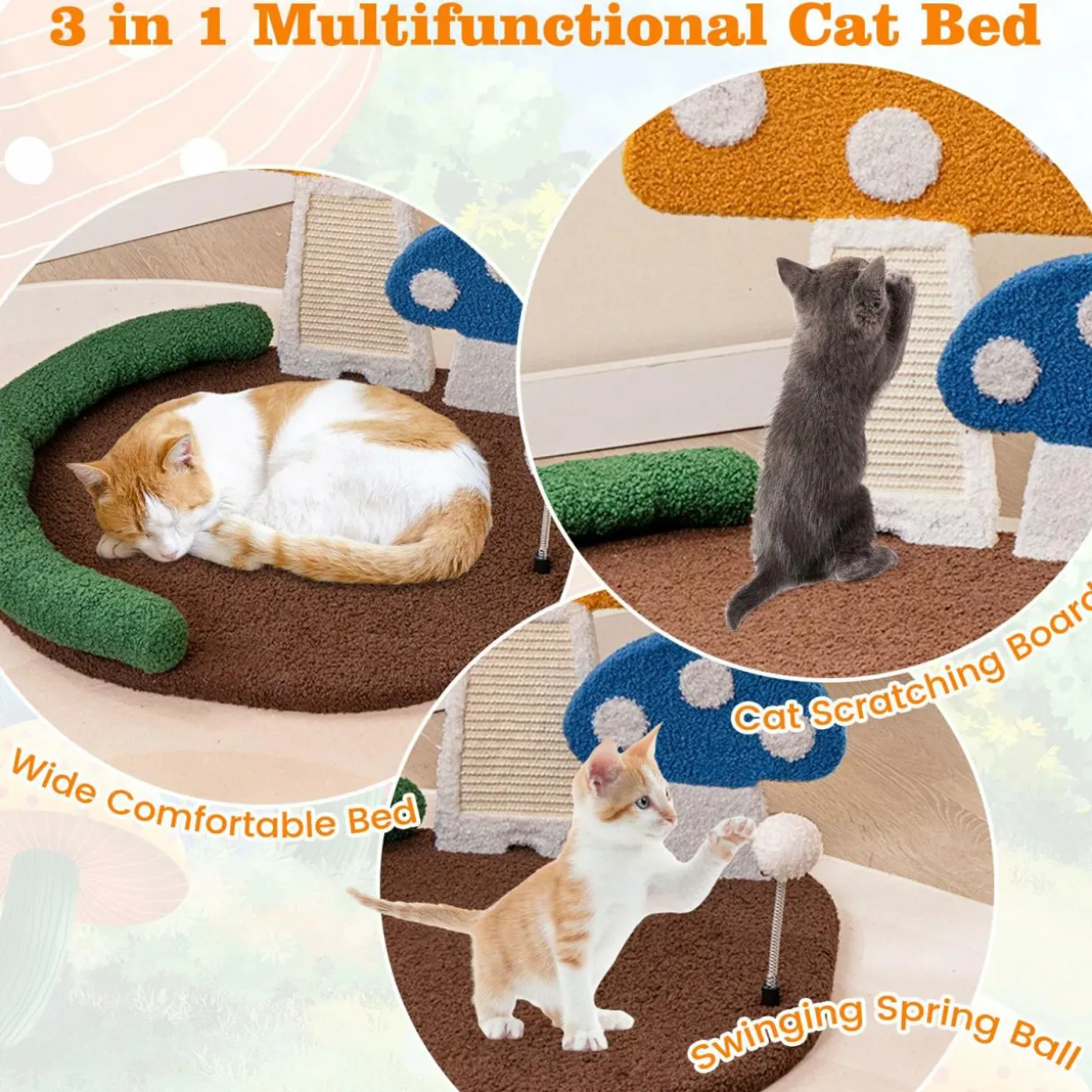Tangkula 17 Inch Mushroom Cat Bed, Cat Claw Scratcher with Wide Large Platform, Sisal Scratching Panel