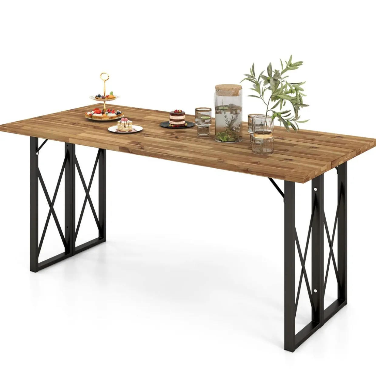 Tangkula 67 Inch Outdoor Dining Table, Acacia Wood Patio Table with 2 Inch Umbrella Hole