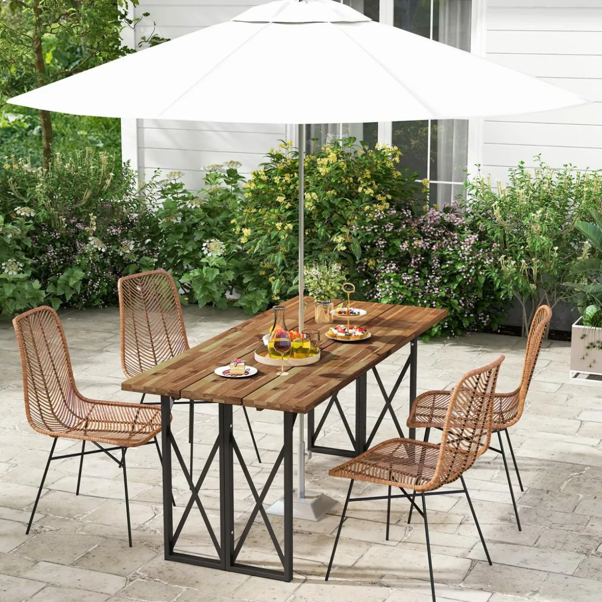 Tangkula 67 Inch Outdoor Dining Table, Acacia Wood Patio Table with 2 Inch Umbrella Hole