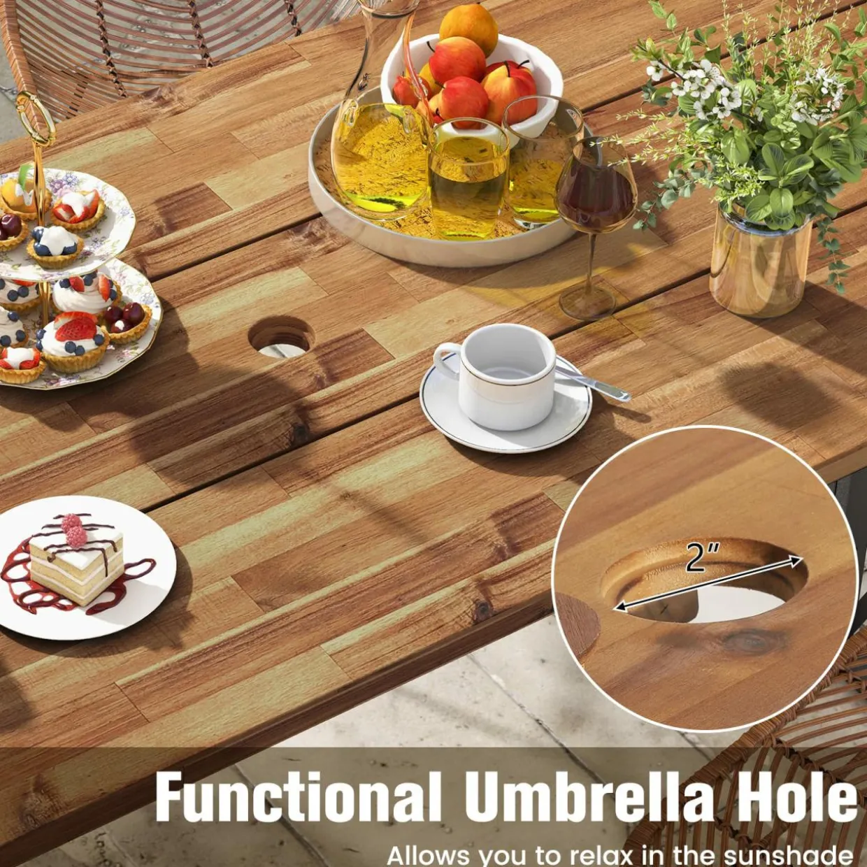 Tangkula 67 Inch Outdoor Dining Table, Acacia Wood Patio Table with 2 Inch Umbrella Hole