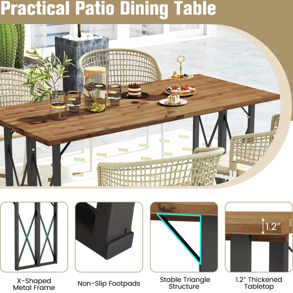Tangkula 67 Inch Outdoor Dining Table, Acacia Wood Patio Table with 2 Inch Umbrella Hole