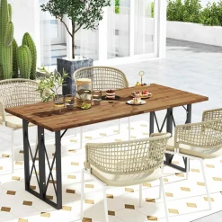 Tangkula 67 Inch Outdoor Dining Table, Acacia Wood Patio Table with 2 Inch Umbrella Hole