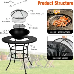 Tangkula 32 Inch Outdoor Fire Pit Dining Table, 4-in-1 Round Wood Burning Fire Pit Bowl