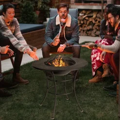 Tangkula 32 Inch Outdoor Fire Pit Dining Table, 4-in-1 Round Wood Burning Fire Pit Bowl