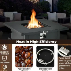 Tangkula 32 Inch Patio Propane Gas Fire Table, 50,000 BTU Square Fire Pit Table