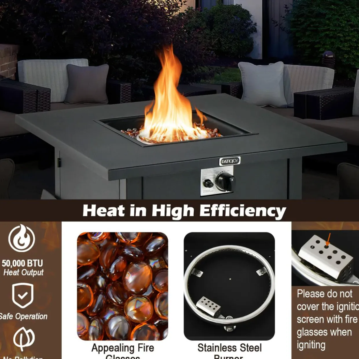 Tangkula 32 Inch Patio Propane Gas Fire Table, 50,000 BTU Square Fire Pit Table