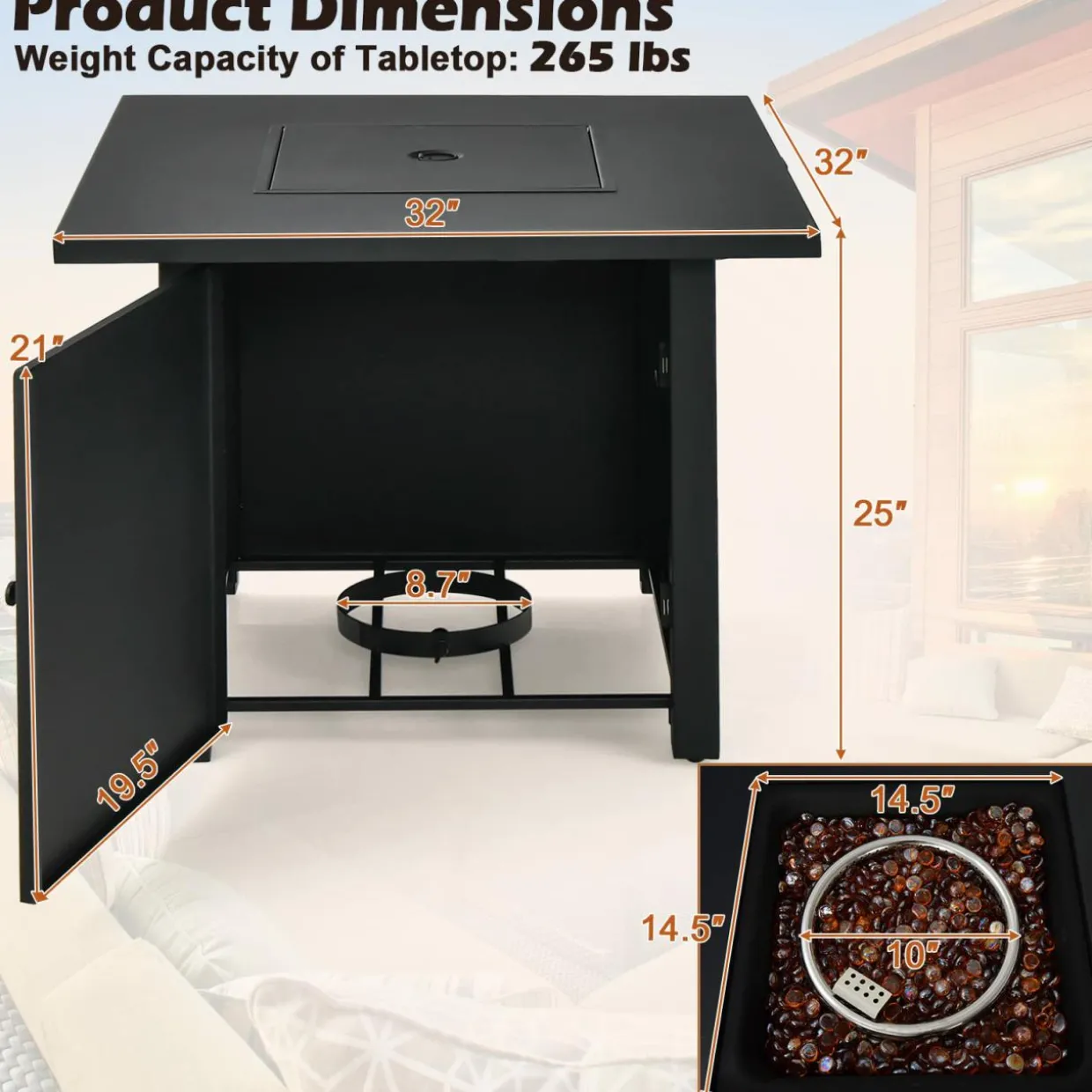 Tangkula 32 Inch Patio Propane Gas Fire Table, 50,000 BTU Square Fire Pit Table