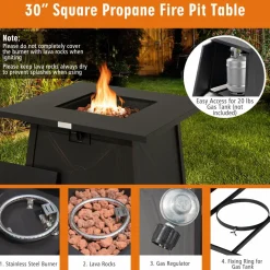 Tangkula 30 Inch Propane Gas Fire Table, Patiojoy 50,000 BTU Outdoor Square Fire Pit Table with Stainless Steel Burner