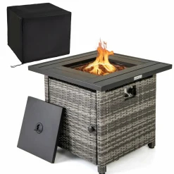 Tangkula 29 Inch Rattan Propane Fire pit Table, Patiojoy 50,000 BTU Outdoor Square Fire Pit with Lava Rocks & Protective Cover