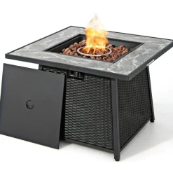 Tangkula 35 Inch Rattan Propane Gas Fire Pit Table, Patiojoy 50,000 BTU Outdoor Wicker Patio Propane Fire Pit