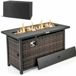 Tangkula 45 Inch Rattan Propane Fire Pit Table, Patiojoy 50,000 BTU Outdoor Rectangle Fire Pit with Glass Stones & Protective Cover
