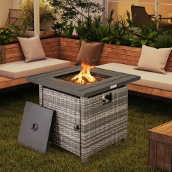 Tangkula 29 Inch Rattan Propane Fire pit Table, Patiojoy 50,000 BTU Outdoor Square Fire Pit with Lava Rocks & Protective Cover